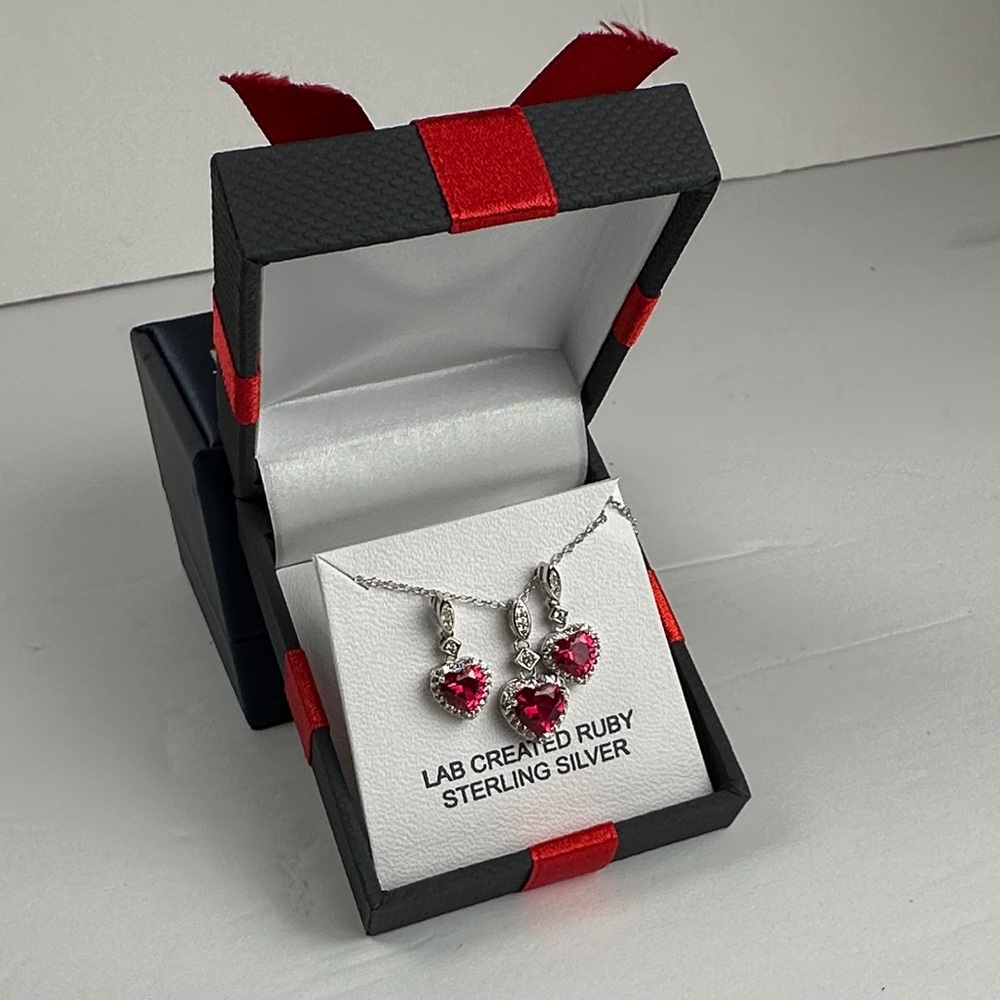 Lab Ruby Sterling Silver Heart Necklace & Earrings Set July Birthstone